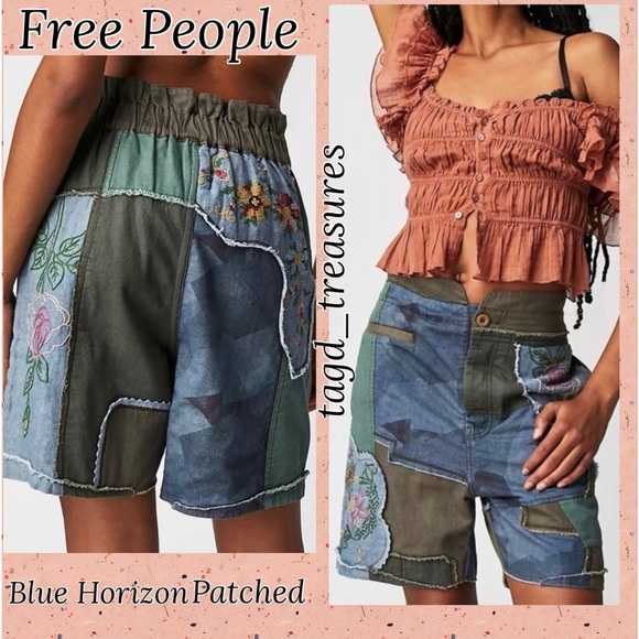 New Free People Blue Horizon Patched XS, S, M Blue High Waist Embroidered Boho - Picture 1 of 6